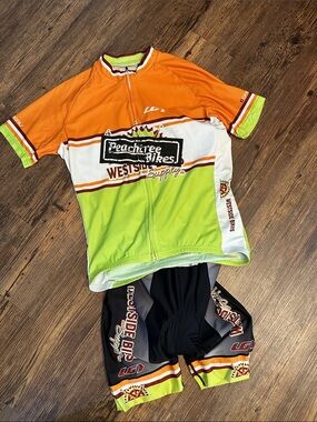 LG Mens Cycling Kit in from Peach Tree Bikes Orange, Lime & White  SZ L